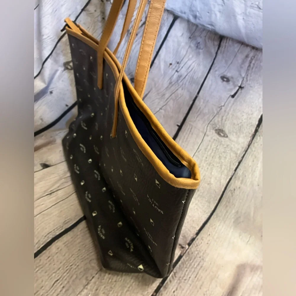 5/$20 Nautica 1983 Logo Zippered Boat‎ Tote Bag Black Camel Cream Patchwork ASIS
